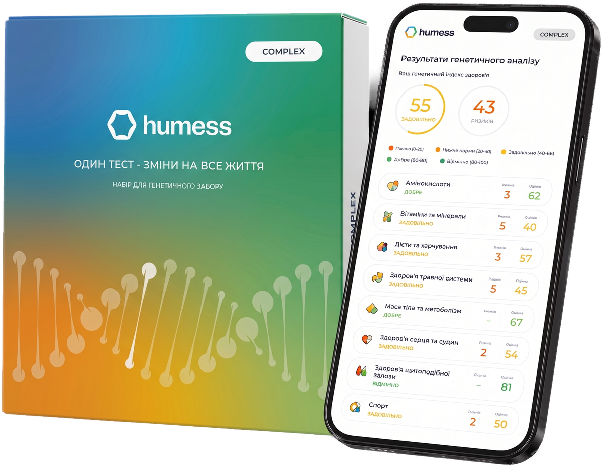 Набір для ДНК-тесту Humess Complex — коробка та телефон із звітом