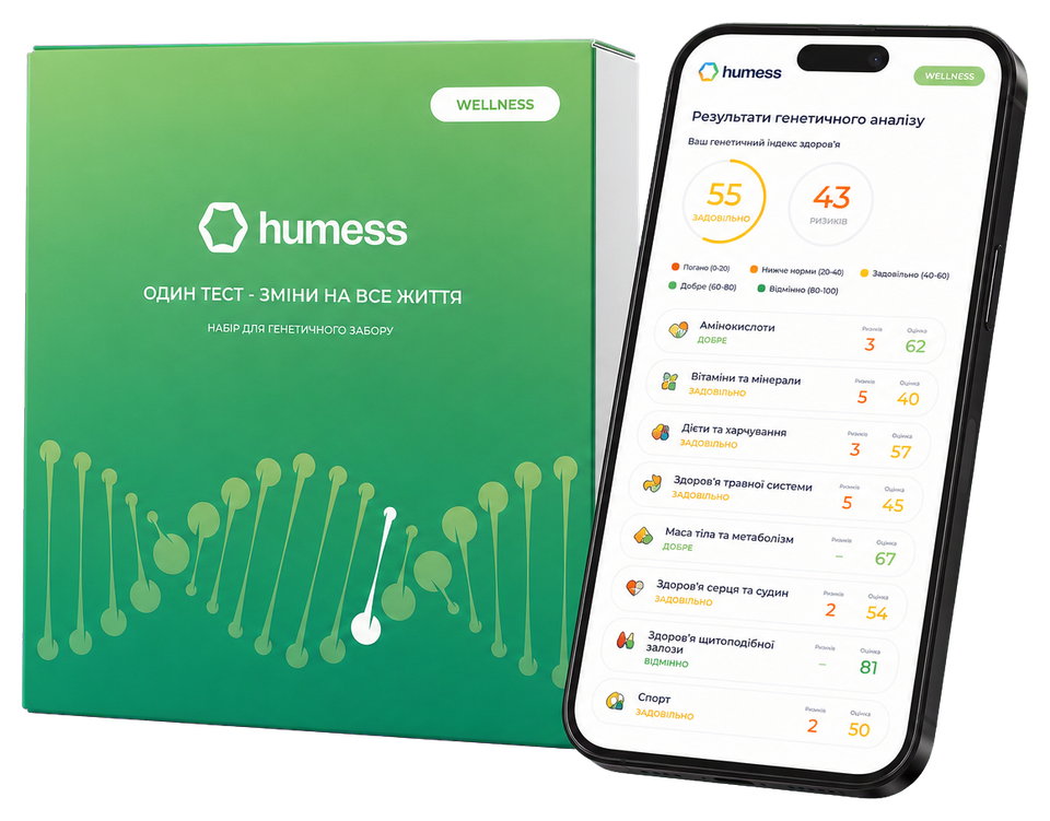 Набір Humess Wellness та приклад генетичного звіту на смартфоні